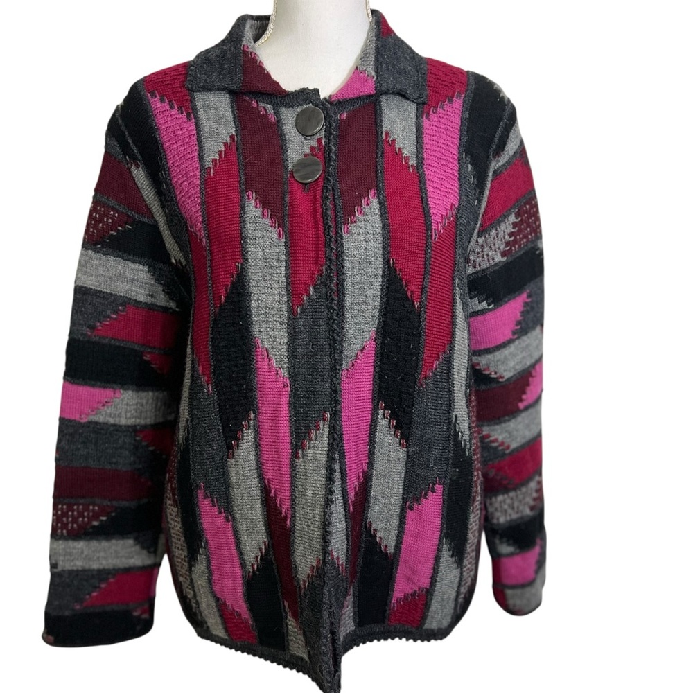 Cozy Geometric Knit Cardigan in Pink & Gray